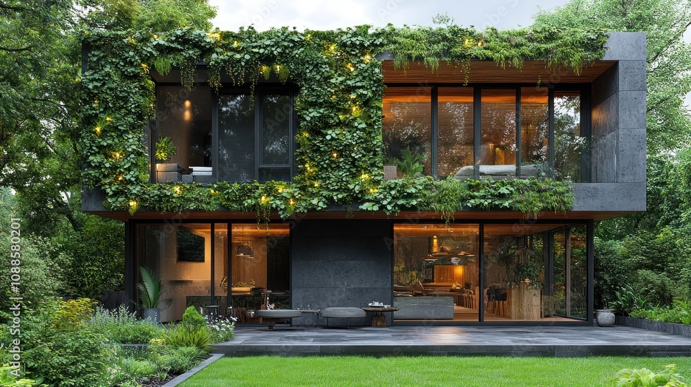 Modern house surrounded by greenery and large glass windows. Modern house surrounded by greenery and large glass windows.