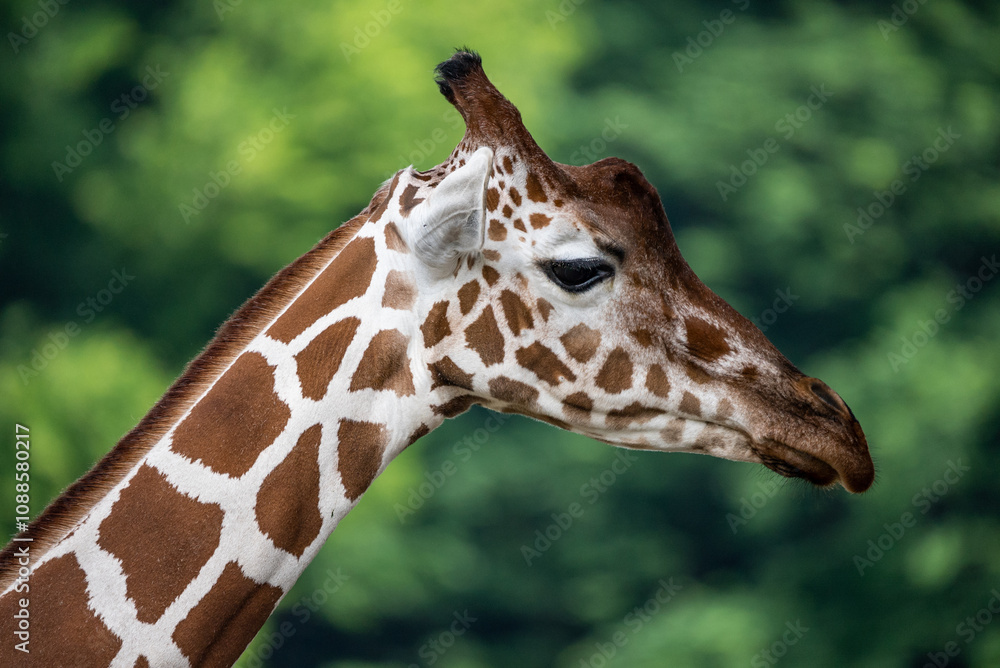 Portrait of a giraffe standing near a fence in a zoo. Close up of a giraffe in a natural habitat, showcasing its distinctive long neck, brown patches, and serene expression.. Portrait of a giraffe standing near a fence in a zoo. Close up of a giraffe in a natural habitat, showcasing its distinctive long neck, brown patches, and serene expression..