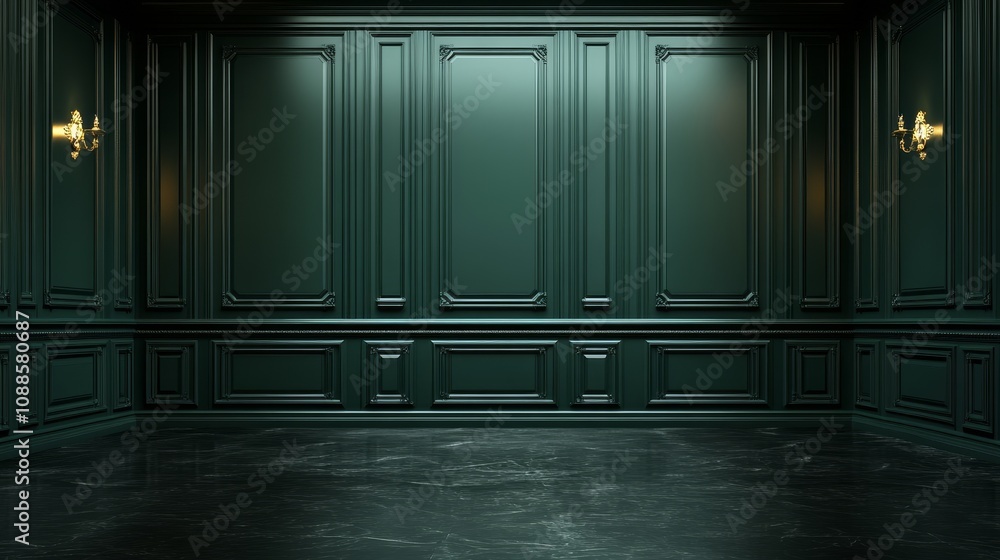 Dark green wall paneling background, empty room with paneled walls, vector illustration, high resolution, professional design, 3D render Dark green wall paneling background, empty room with paneled walls, vector illustration, high resolution, professional design, 3D render