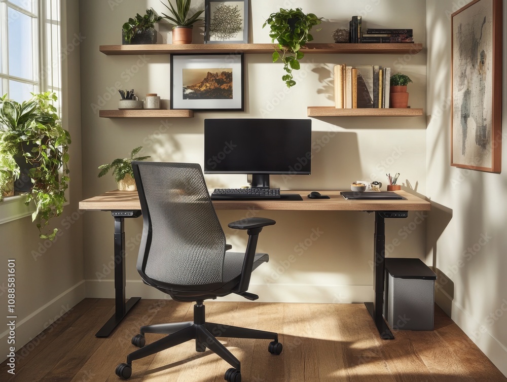 A desk with a computer and a chair A desk with a computer and a chair
