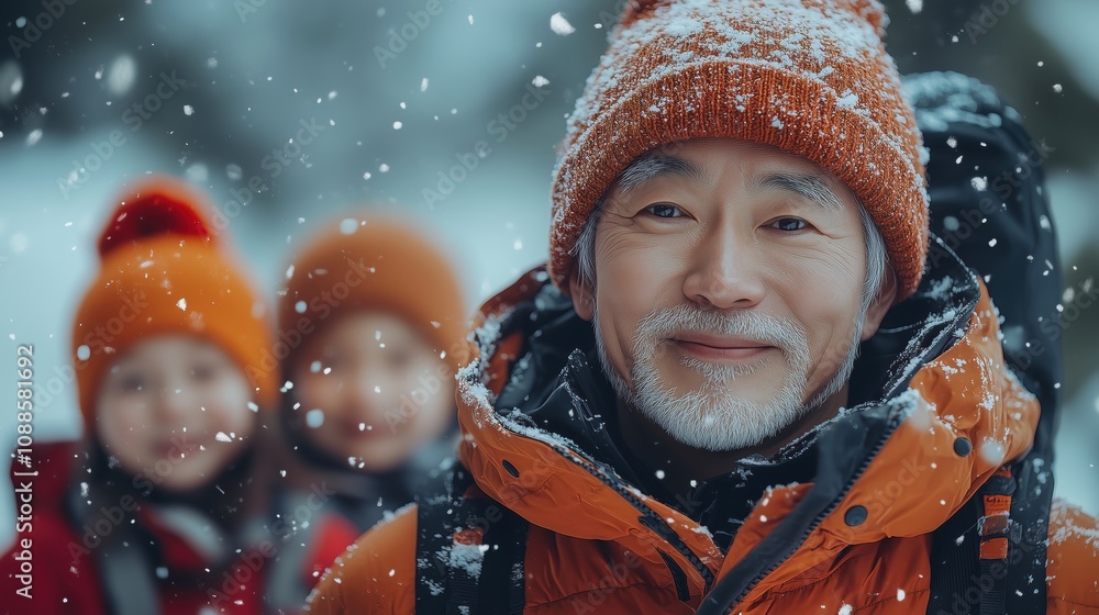 Man and grandchildren hiking in winter landscape together. Active lifestyle and outdoor tourism in winter weather Man and grandchildren hiking in winter landscape together. Active lifestyle and outdoor tourism in winter weather