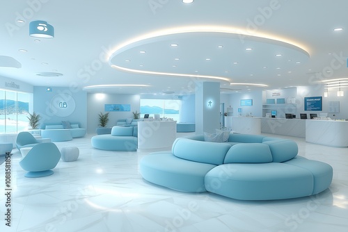 Serene Blue Hospital Reception with Futuristic Design