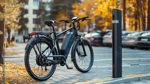 A black electric bicycle parked on the street with autumn leaves on the ground.