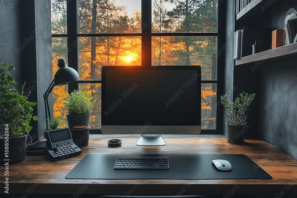 Serene Home Office Sunset with Computer and Houseplants