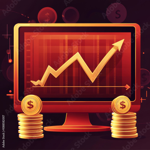 Investment and stock market concept featuring an abstract digital computer monitor displaying a golden dollar coin, a stack of coins, and upward growth arrows. A technology background symbolizing incr photo