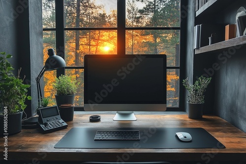 Obraz na płótnie Serene Home Office Sunset with Computer and Houseplants w salonie