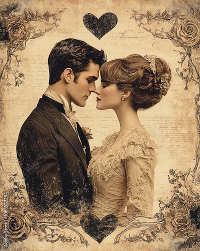 Collection set of vintage lovers with hearts, romantic  style old greeting cards, Valentine's day celebration