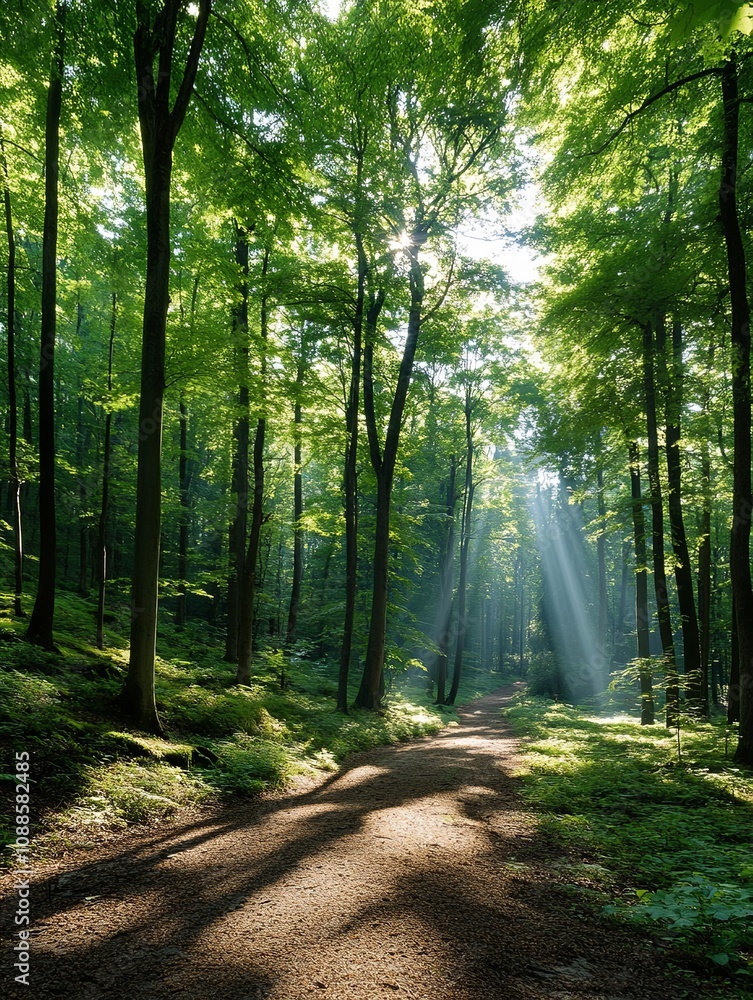 Obraz premium Sunlight Streaming Through Tranquil Forest Path