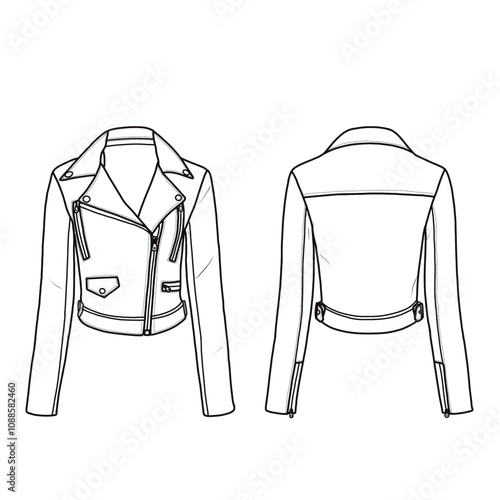 Women's jacket for biker versatile style with front zipper pockets, side buckle detail, and side zip cuffs. Front and back view. Technical fashion vector illustration drawing template.