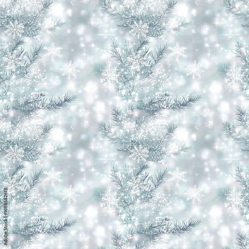 Snowy pine branches and snowflakes seamless pattern Snowy pine branches and snowflakes seamless pattern
