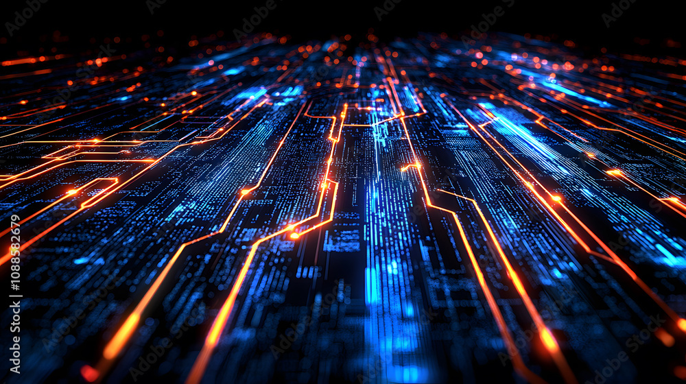 Abstract digital circuit with blue and orange lights Abstract digital circuit with blue and orange lights