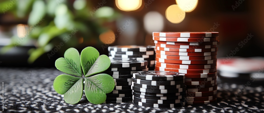 Poker chips and a lucky clover leaf symbol. Poker chips and a lucky clover leaf symbol.