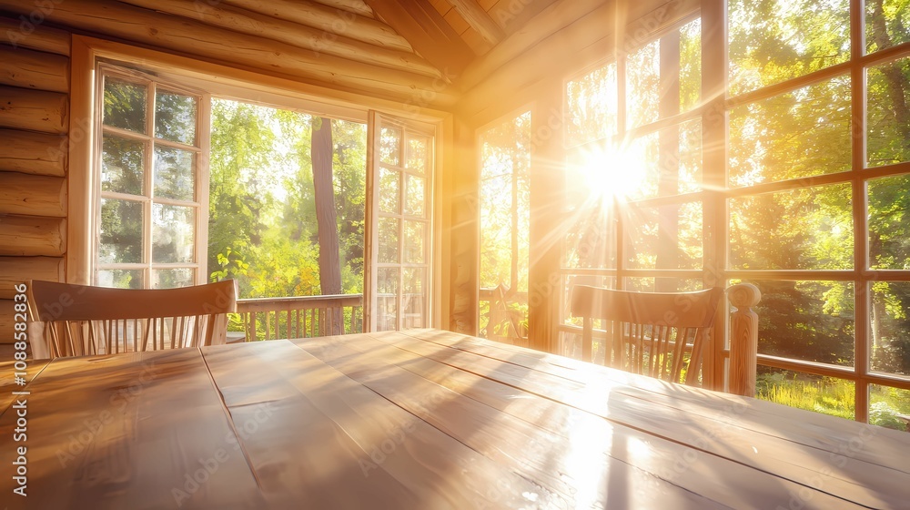 Rustic Wooden Dining Set in a Sunlit Cabin Interior Rustic Wooden Dining Set in a Sunlit Cabin Interior