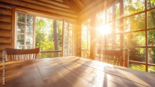 Rustic Wooden Dining Set in a Sunlit Cabin Interior