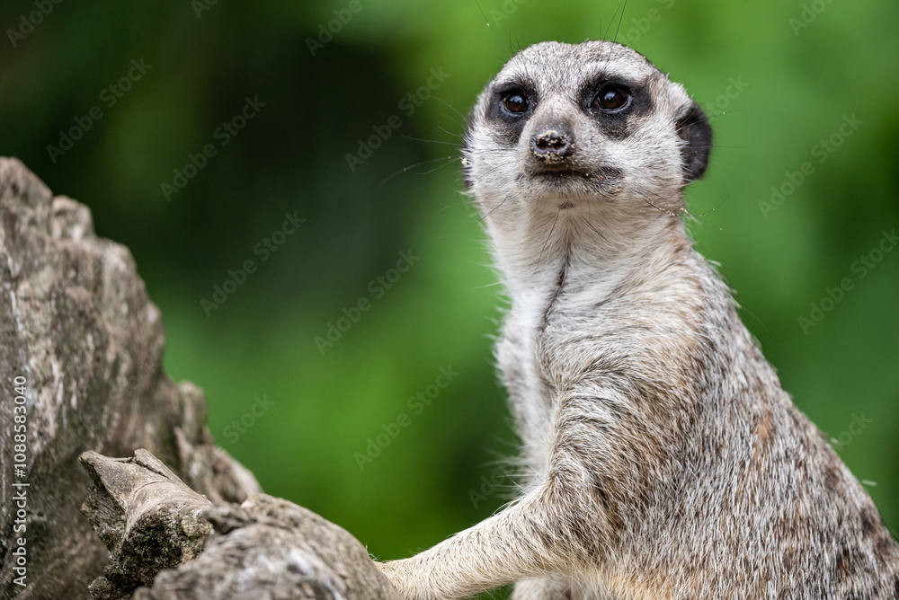 Fototapeta premium Meerkat in zoo. Group of meerkats attentively standing upright. Meerkat standing, alert and curious as they observe their surroundings.