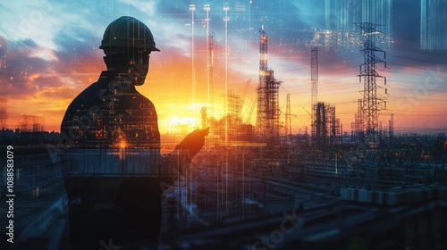 Double exposure of an engineer working on electrical systems at twilight, showcasing hard work and modern technology in industrial settings Illustration, Image, , Minimalism, photo