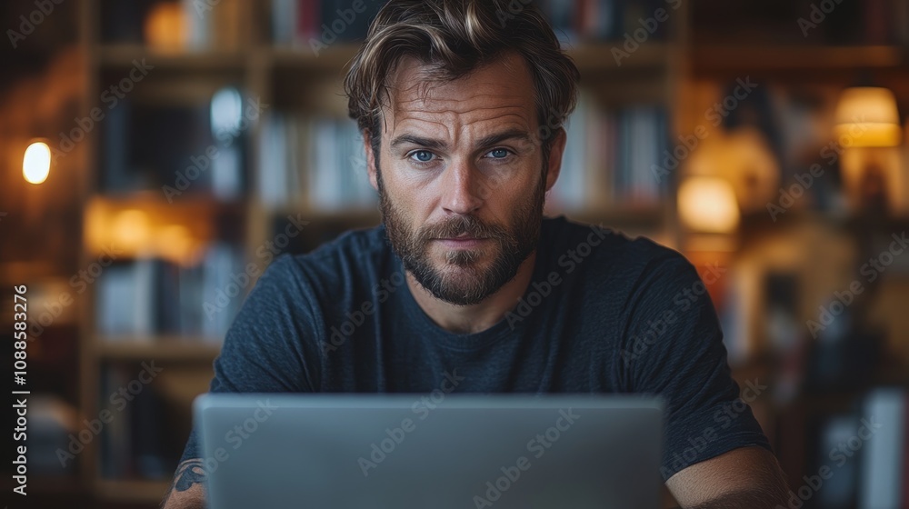 Serious millennial man using a laptop, focused and communicating online Serious millennial man using a laptop, focused and communicating online