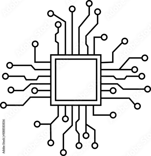 Abstract Technology Background circuit board pattern icon isolated transparent. Ai chip electronics and connected dots. Data tech bg black flat and line motherboard vector Communication concept