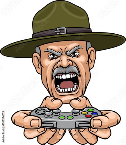 An angry drill instructor or sergeant bootcamp army soldier gamer cartoon character holding controller sports team mascot illustration.