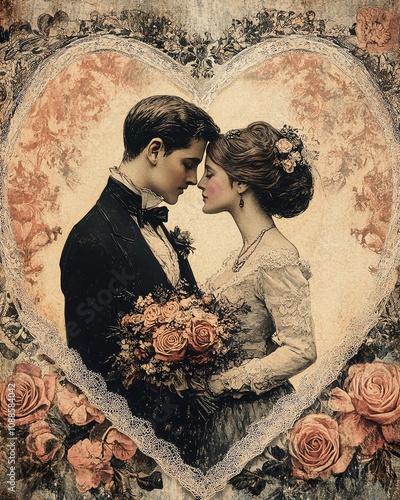 Collection set of vintage lovers with hearts, romantic  style old greeting cards, Valentine's day celebration