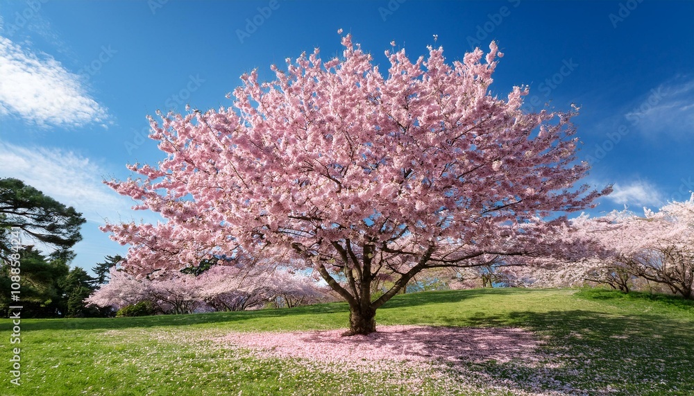 Cherry Blossom Tree in Full Bloom, Soft Pink Petals, Cascading Petals on Grass, Bright Blue Spring Sky, Scenic Spring View, Beautiful Sakura Tree, Peaceful Natural Beauty, Flowering Tree Landscape Cherry Blossom Tree in Full Bloom, Soft Pink Petals, Cascading Petals on Grass, Bright Blue Spring Sky, Scenic Spring View, Beautiful Sakura Tree, Peaceful Natural Beauty, Flowering Tree Landscape