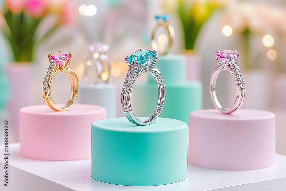 Elegant Colored Gemstone Rings Displayed on Pastel Stands Elegant Colored Gemstone Rings Displayed on Pastel Stands