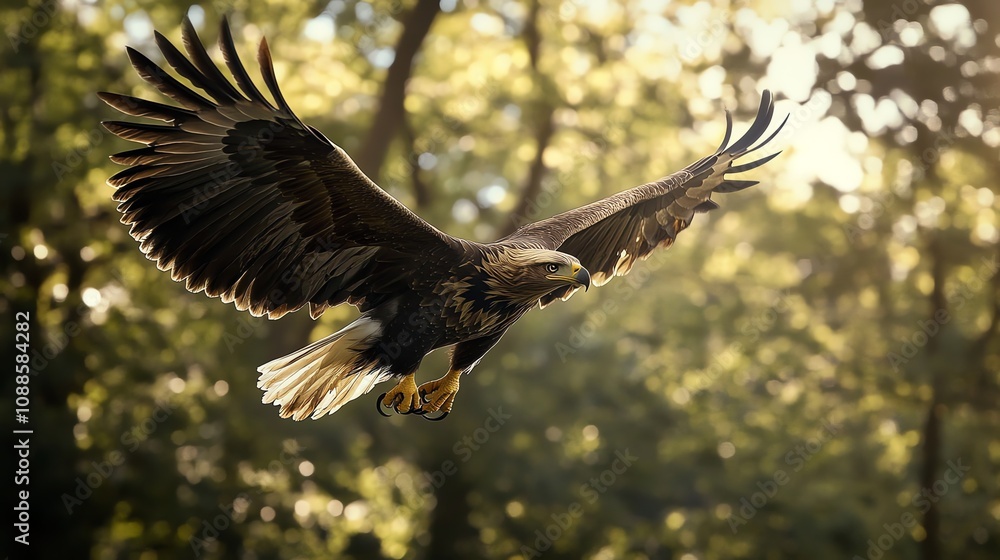 A bald eagle in flight, wings spread wide, flying over a forest. A bald eagle in flight, wings spread wide, flying over a forest.