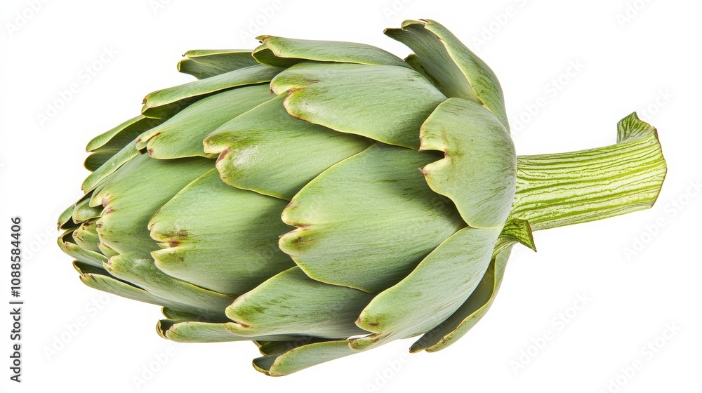 Fototapeta premium A single, whole artichoke with its green, prickly leaves and elongated shape