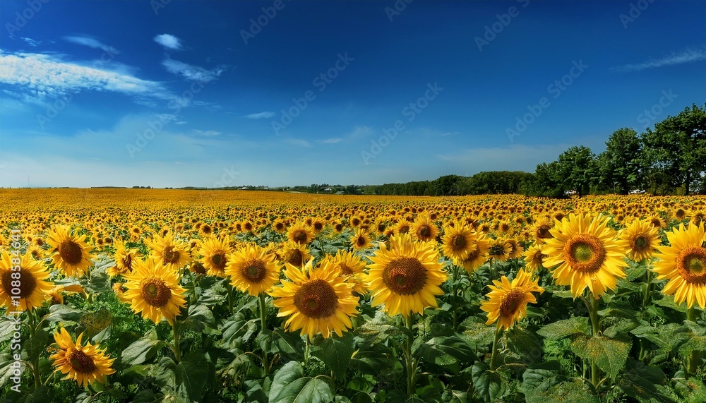 Fototapeta premium Field of Vibrant Sunflowers, Bright Yellow Petals, Green Stalks, Summer Sunshine, Sunflower Horizon View, Golden Sunflower Meadow, Lush Field Nature, Stunning Summer Scene, Beautiful Flower Landscape