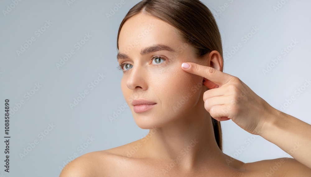 Closeup of young woman pointing to the wrinkles on the upper eyelid Closeup of young woman pointing to the wrinkles on the upper eyelid