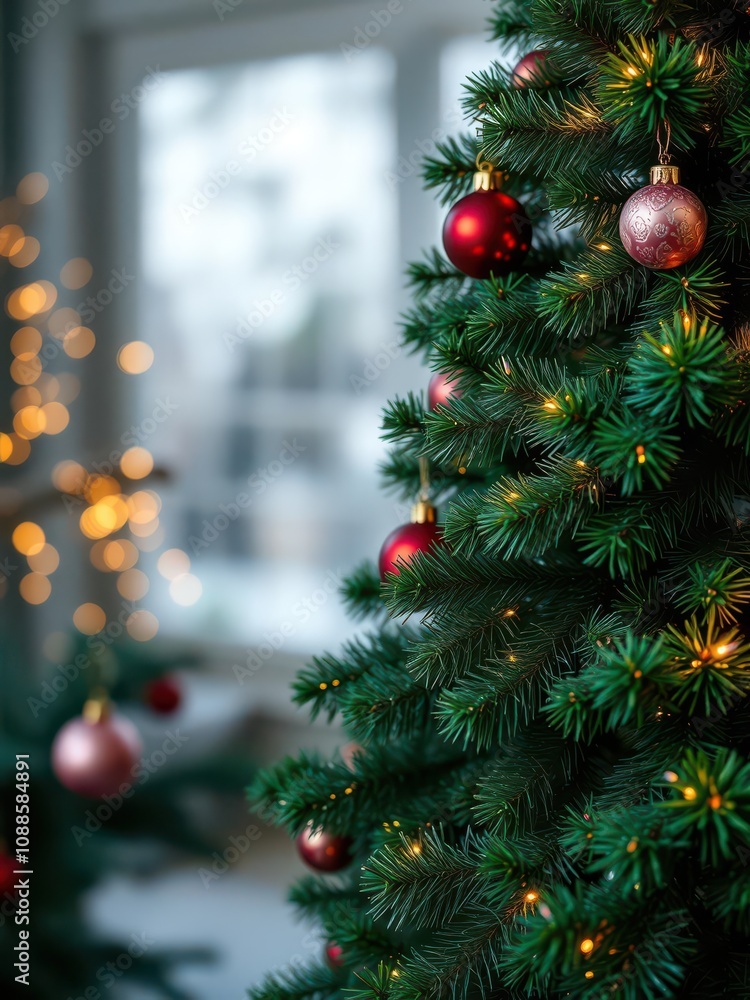 Christmas background featuring a lush fir tree adorned with sparkling decorations and twinkling lights, celebration, December Christmas background featuring a lush fir tree adorned with sparkling decorations and twinkling lights, celebration, December