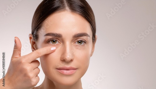  Closeup of young woman pointing to the wrinkles on the upper eyelid photo