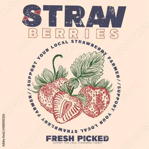 Strawberry hand drawn vector graphics, t-shirts, women's food fashion. Strawberry Lovers Shirt, Retro Strawberry T-Shirt, Fruit vintage t-shirt design. fruit print. Trendy Strawberry Tee Shirt, photo