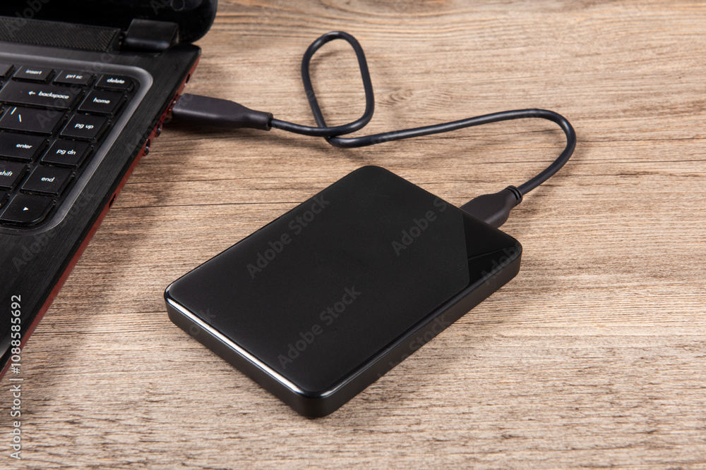 External backup hard disk drive connected to laptop on table. External backup hard disk drive connected to laptop on table.