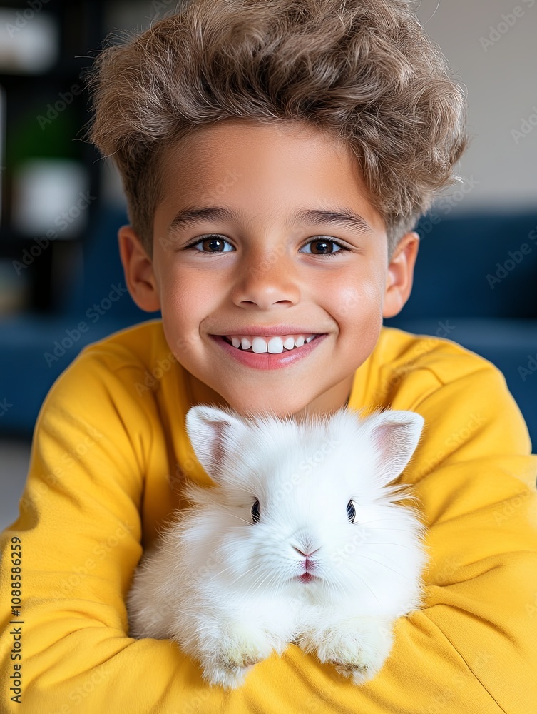 Joyful Boy with Fluffy Rabbit in Cozy Setting Joyful Boy with Fluffy Rabbit in Cozy Setting