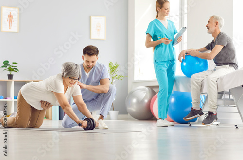 Senior people health care and rehabilitation group with physical therapist, nurse or sport instructor during medical session to help elderly in active aging, fitness adapted sport activity for older