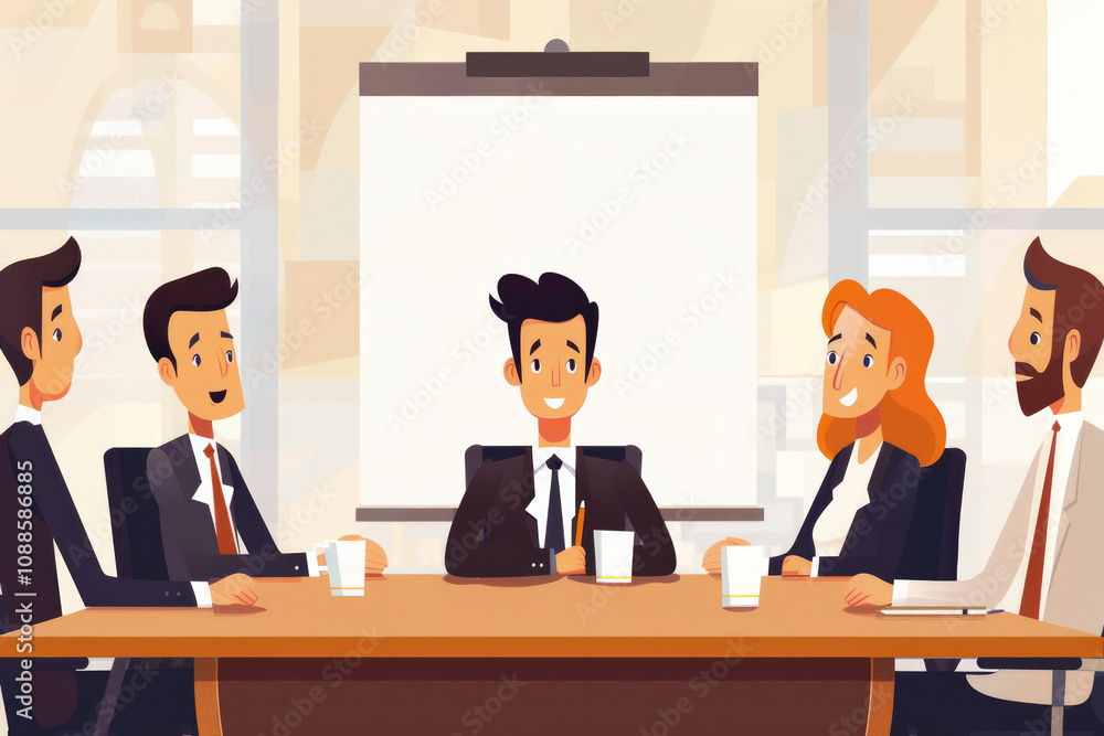 Illustration of a business team in a formal meeting, symbolizing teamwork, strategy, and collaboration in teambuilding activities... Illustration of a business team in a formal meeting, symbolizing teamwork, strategy, and collaboration in teambuilding activities...