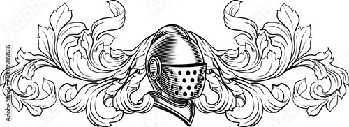 Coat of arms crest knight family medieval shield heraldry heraldic armorial motif. Featuring a knights helm helmet in a vintage etching engraving woodcut style