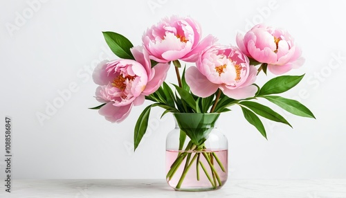 Fototapeta Naklejka Na Ścianę i Meble -  Elegant pink peonies in glass vase against minimalist background