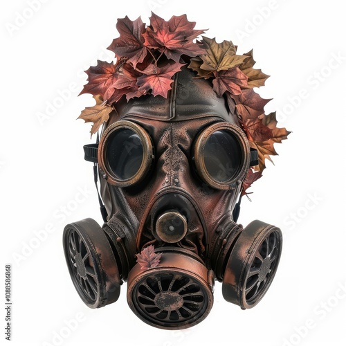 Rusty steampunk gas mask with autumn leaves suggesting ecological awareness photo