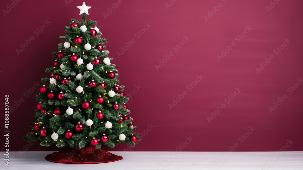 Festively decorated Christmas tree against a burgundy wall.
