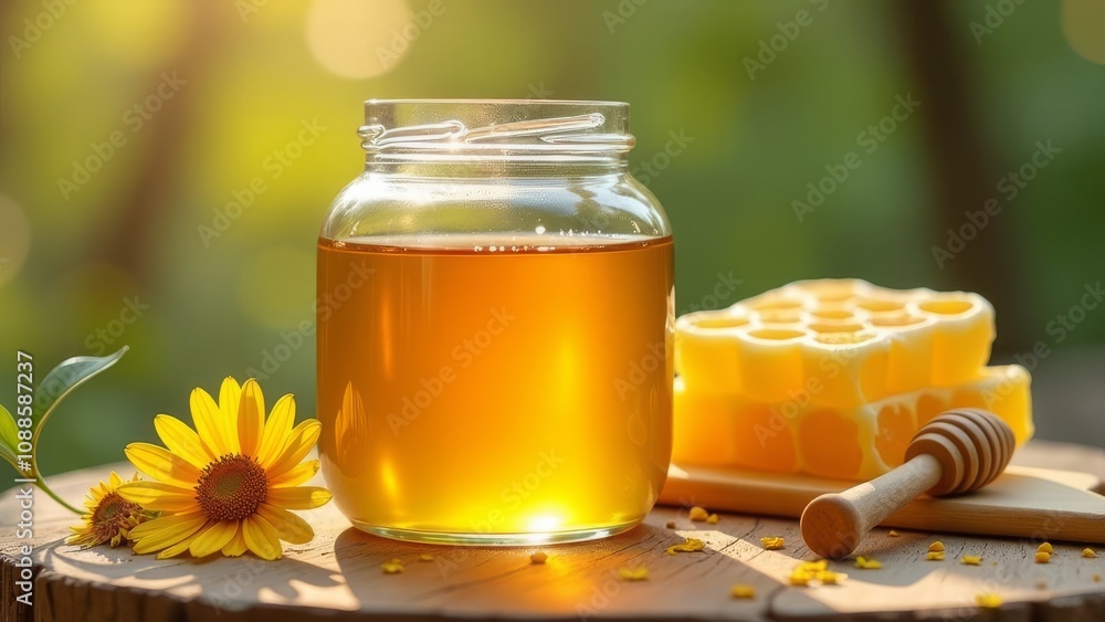 A jar of honey is sitting on a wooden table next to a bunch of honeycomb A jar of honey is sitting on a wooden table next to a bunch of honeycomb