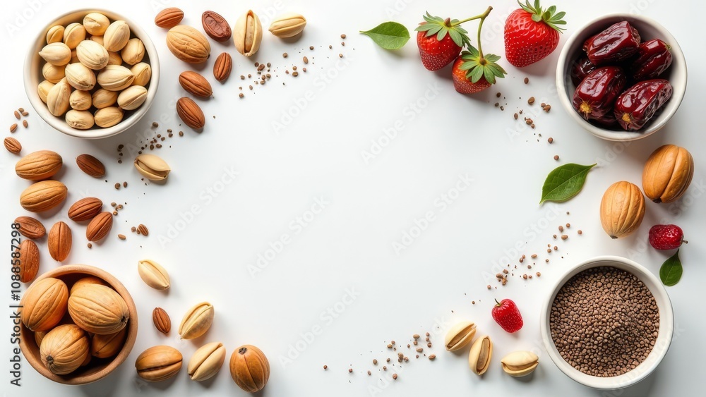 A white background with a variety of nuts and seeds in bowls A white background with a variety of nuts and seeds in bowls