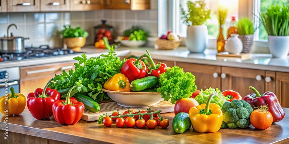 Fresh and Colorful Vegetables in a Bright Kitchen Setting, Perfect for Healthy Cooking Inspiration with Ample Copy Space to Highlight Recipes or Food Tips Fresh and Colorful Vegetables in a Bright Kitchen Setting, Perfect for Healthy Cooking Inspiration with Ample Copy Space to Highlight Recipes or Food Tips