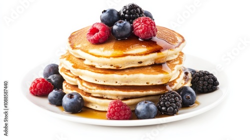 A stack of fluffy buttermilk pancakes topped with fresh berries and drizzled with maple syrup, Their golden-brown surface and fluffy texture invitingly displayed