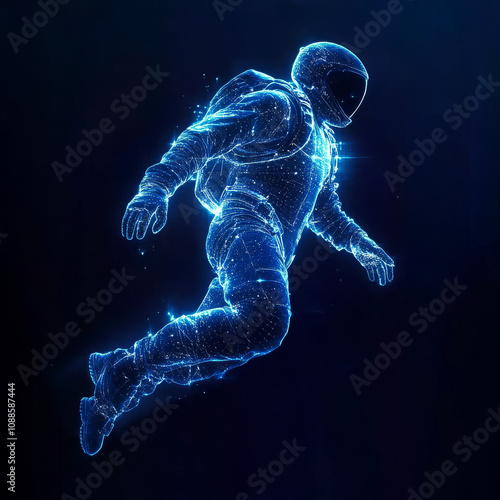 Hologram of a parachutist. Holographic projection of a skydiver with flickering energy flux of particles. Scientific design of skydiving.



