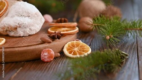 Wallpaper Mural Christmas stollen on wooden background. Traditional Christmas festive pastry dessert. Stollen is present for Christmas. German fruit bread. Torontodigital.ca