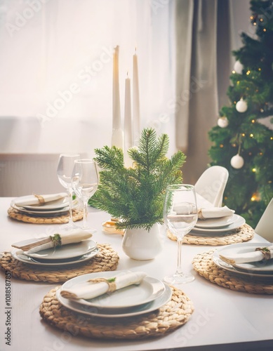 New Year's or Christmas family dinner table arrangemen photo