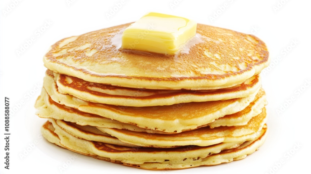 A stack of fluffy, golden pancakes topped with a pat of melting butter, Each pancake’s light texture and appealing appearance captured with precision A stack of fluffy, golden pancakes topped with a pat of melting butter, Each pancake’s light texture and appealing appearance captured with precision