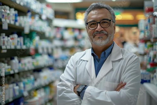 Portrait of a cheerful mature male pharmacist standing with his arms folded while looking at the camera in a pharmacy.